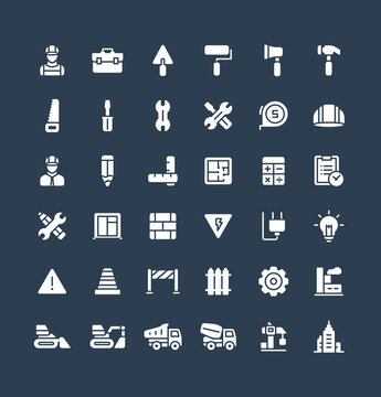 Vector flat icons set and graphic design elements. Illustration with construction, industrial, architectural, engineering solid symbols. Home repair tools, worker, build glyph pictogram