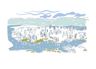 Fototapeta premium Vancouver British Columbia Canada vector sketch city illustration line art colorful watercolor style