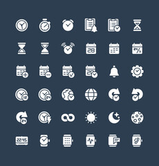 Vector flat icons set and graphic design elements. Illustration with date, time solid symbols. Alarm clock, smart watch, stopwatch, timer, organizer, planning and management glyph pictogram