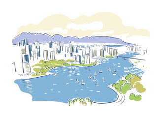 Fototapeta premium Vancouver British Columbia Canada vector sketch city illustration line art colorful watercolor style