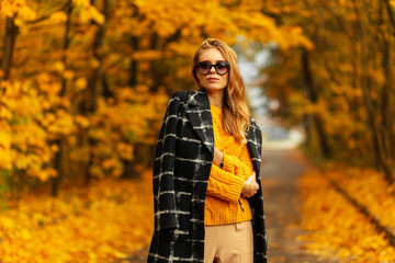 Portrait Beautiful Slavic Girl​ in fashionable glasses with a vintage knitted sweater and coat is walking in an autumn colorful park with bright yellow foliage