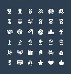 Vector flat icons set, graphic design elements. Illustration with award, achievement symbols. Medal, sport trophy, first place prize, victory gift, cinema, music statuette glyph pictogram