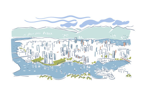 cityscape sketch blue green mountains skyline clip art preview