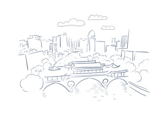 Chengdu Sichuan China vector sketch city illustration line art sketch