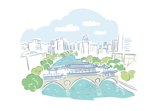 recommend clip art: Chengdu Sichuan China vector sketch city illustration line art sketch