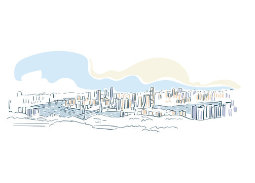 cityscape sketch with blue sky and clouds clip art preview