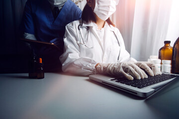 medical technology or medical network. doctor using digital tablet with screen interface.