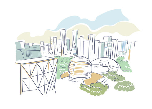 cityscape sketch, buildings, park, sky, line art clip art preview