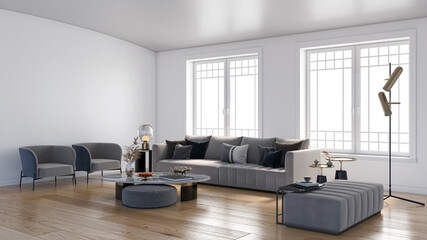 Illustration 3D rendering large luxury modern bright interiors Living room mockup computer digitally generated image