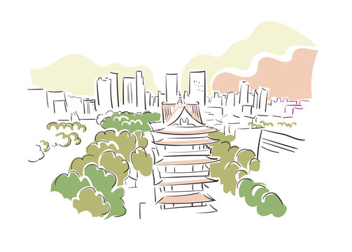 cityscape sketch with pagoda and green trees clip art preview