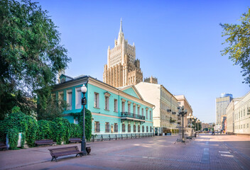Naklejka premium Pushkin House on Arbat in Moscow on a summer morning