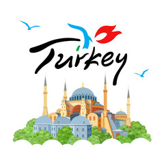 Hagia Sophia domes and minarets in the old city of Istanbul on a white background. Landmark of Turkey. Vector flat illustration