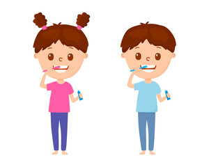 Boy and girl brushing their teeth with toothbrush. Cartoon style. Vector.