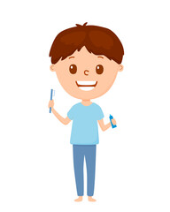 boy brushing her teeth with toothbrush. Cartoon style. Vector illustration
