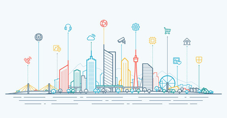 Smart city connection concept. Futuristic tech landscape whith integrated thin line icons. Outline future city panorama. Abstract vector town. Urban skyline with skyscrapers, office and home buildings - 457009053