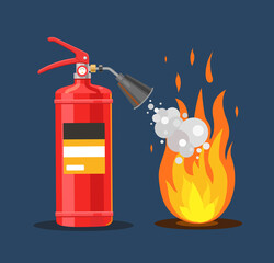 The fire extinguisher extinguishes fire with foam. Fire safety. Flat vector illustration. - obrazy, fototapety, plakaty