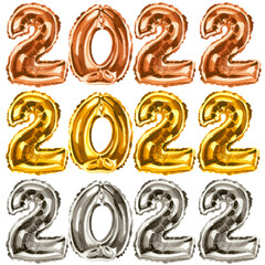 Watercolor illustration of gold, rose gold and silver shiny 2022 balloon set for New year card invitation isolated