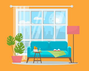 Cozy Living room interior. Sofa with plaid and book, large window with cityscape. Flat style vector illustration.
