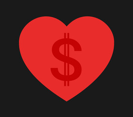 Love heart with symbol of US dollar - monetary value, price, cost and expense of romance and romantic feeling. Symbol, sign and pictogram of sex industy. Vector illustration isolated on black.