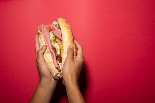 a hand holds a barda cake, mexican cake, mexican food, mexican sandwich with chiruzo, ham, avocado, white cheese, ceboola, tomato on a french bread, bolillo bread with a red background, Tampico dish