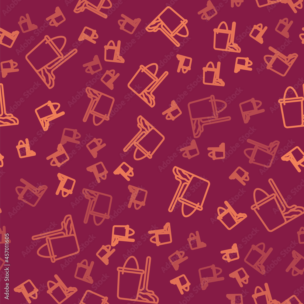 Poster brown line mop and bucket icon isolated seamless pattern on red background. cleaning service concept