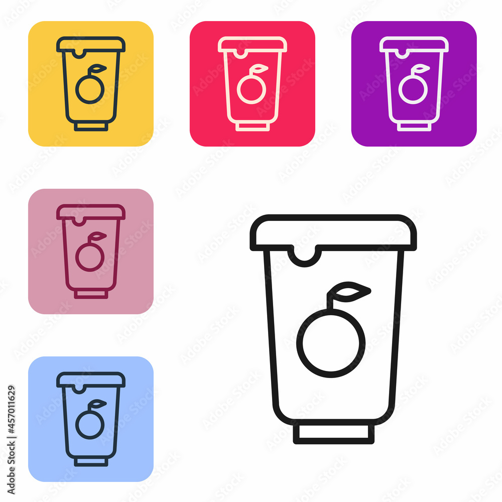 Poster black line yogurt container icon isolated on white background. yogurt in plastic cup. set icons in c