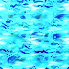 Naklejka na ściany i meble Batik fish tie dye wash background. Mottled underwater swimming fishes for beach swimwear. Fun summer trendy beach fashion print. Digital fluid watercolor effect. High resolution seamless pattern.