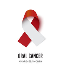 Oral cancer awareness ribbon vector illustration isolated on white background. Realistic vector red and white silk ribbon with loop