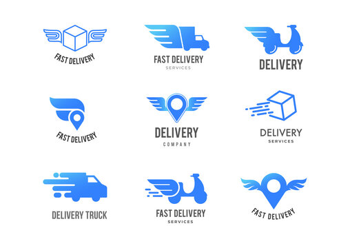 Blue delivery logos collection, set of emblems, symbols and icons. Fast delivery concept design