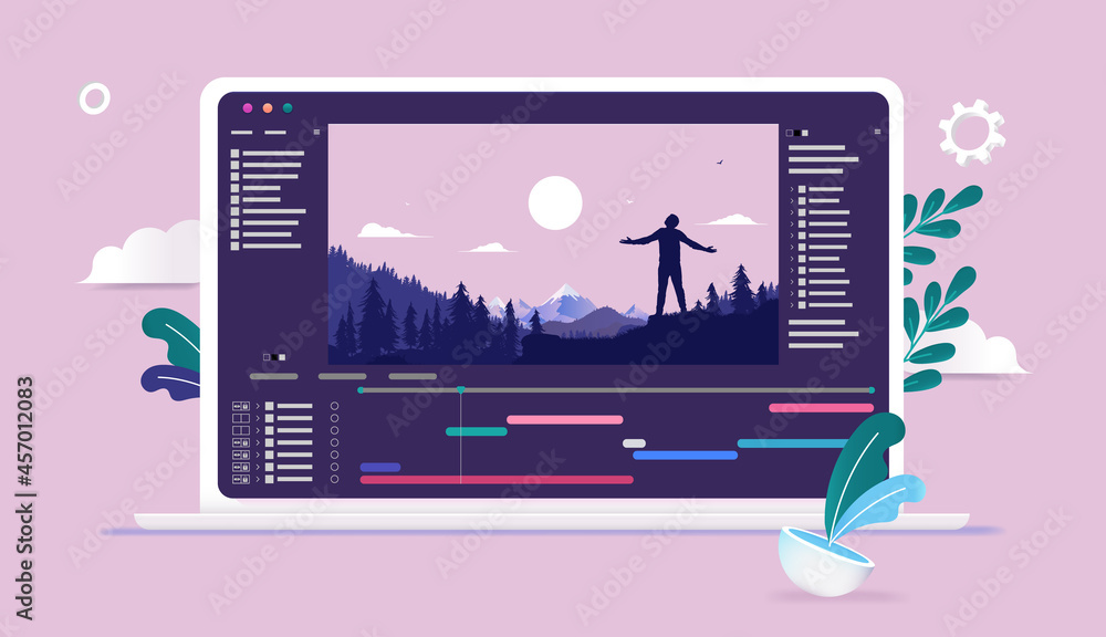 Aufkleber Video editing vector illustration - Software for editing videos with timeline and user interface on laptop computer. Vector illustration