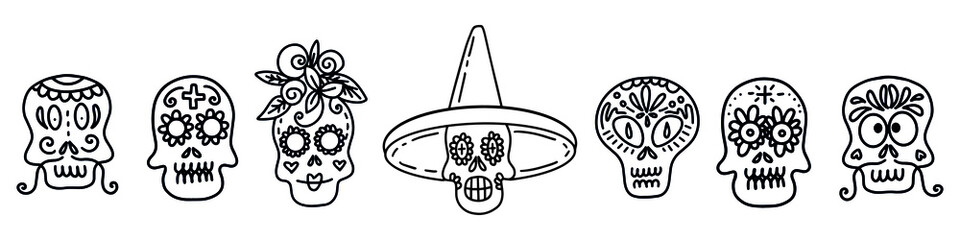 Collection of vector linear illustrations of decorated skulls of different types on white background for Halloween celebration concept designs