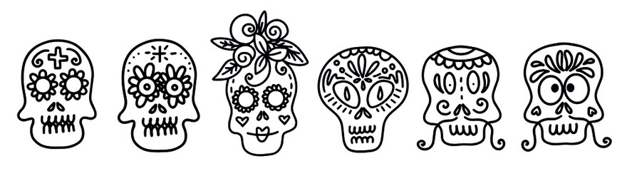 Collection of vector linear illustrations of decorated skulls of different types on white background for Halloween celebration concept designs