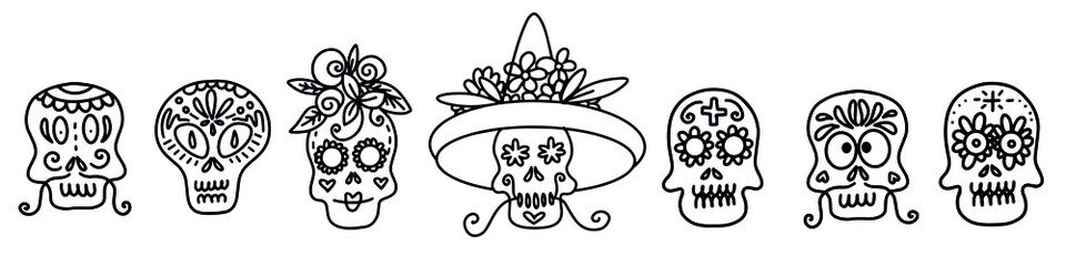 Collection of vector linear illustrations of decorated skulls of different types on white background for Halloween celebration concept designs