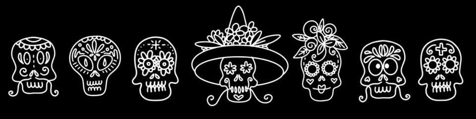 Collection of vector illustrations of decorated skulls of different types on black background for Halloween celebration concept design