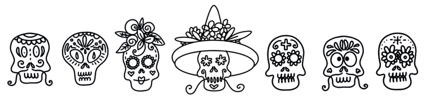 Collection of vector linear illustrations of decorated skulls of different types on white background for Halloween celebration concept designs