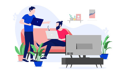 Two men working from home apartment - Team in living room with computers doing work. Small business startup from home. Vector illustration