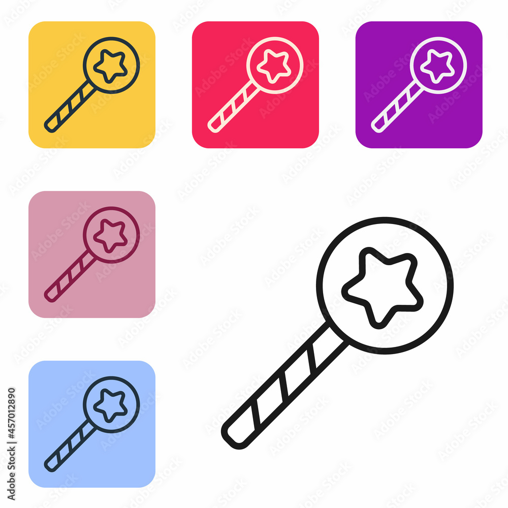 Poster black line magic wand icon isolated on white background. star shape magic accessory. magical power. 