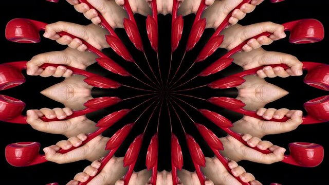 Hands holding red phones made into pattern