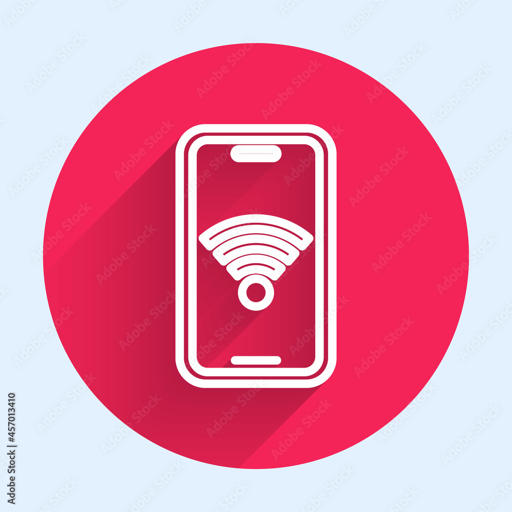 Poster white line smartphone with free wi-fi wireless connection icon isolated with long shadow background.