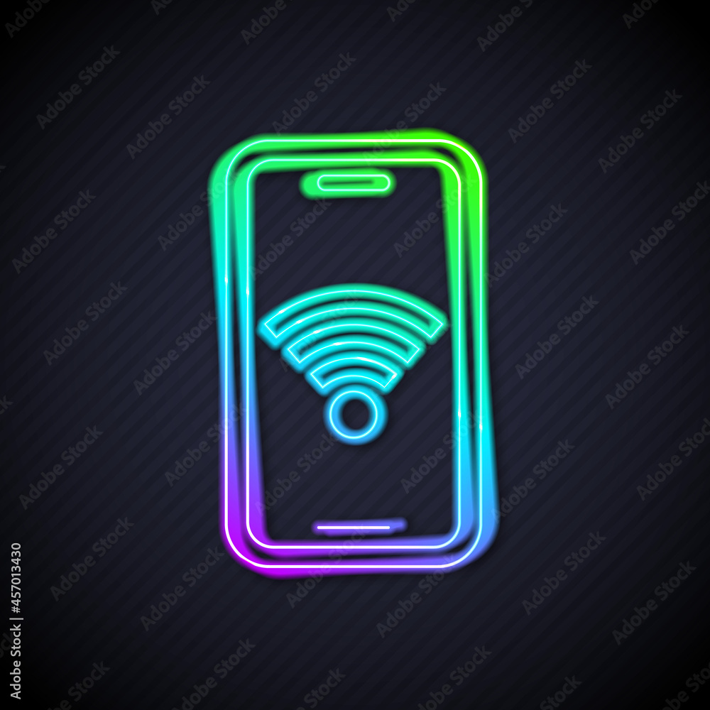 Poster glowing neon line smartphone with free wi-fi wireless connection icon isolated on black background. 