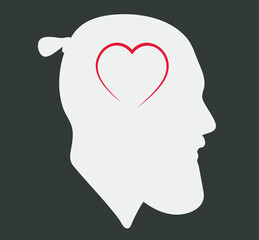 Portrait. Silhouette of a male head. Icon. Stylish guy. Flat illustration of face. Head icon with a heart inside. Silhouette of a guy. Man avatar. Linear avatar. Love in the head