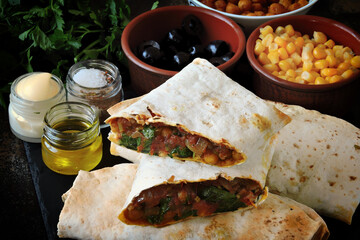 Vegan shawarma with corn, mushrooms and herbs. Healthy food.
