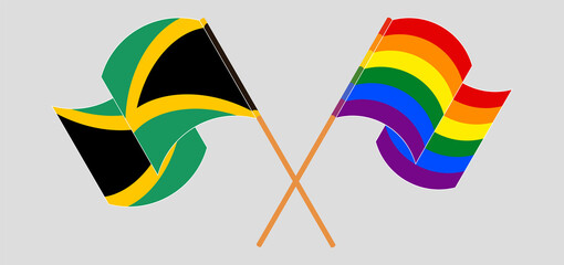 Crossed and waving flags of Jamaica and LGBTQ