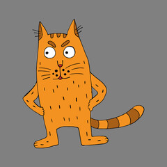 Funny vector cat. Cartoon character. Coloring pages for children and adults. Comics. Doodles.