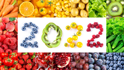 Fruits and vegetables. New year 2022 made of fruits and vegetables. Healthy food. Texture