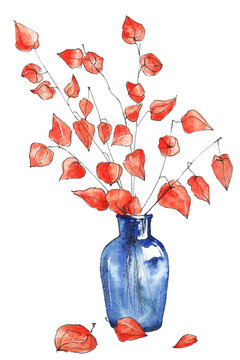 Autumn Still Life With Blue Vase And Orange Flowers