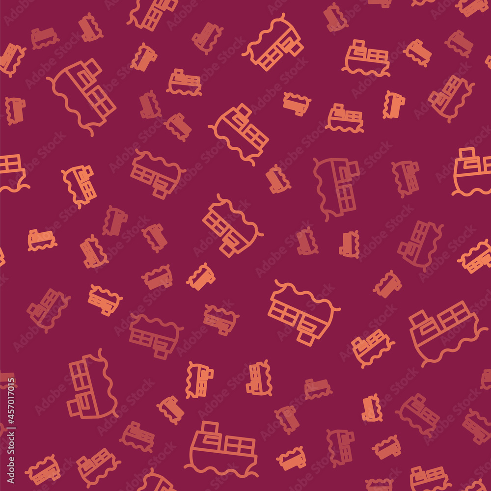 Poster brown line cargo ship with boxes delivery service icon isolated seamless pattern on red background. 