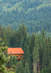 Wooden house in deep forest at the mountains. Early morning high in the mountains with mist.
