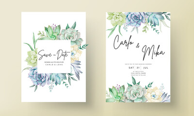 elegant wedding invitation card with beautiful succulent flower watercolor
