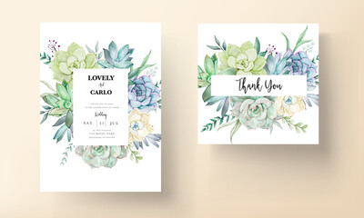 elegant wedding invitation card with beautiful succulent flower watercolor